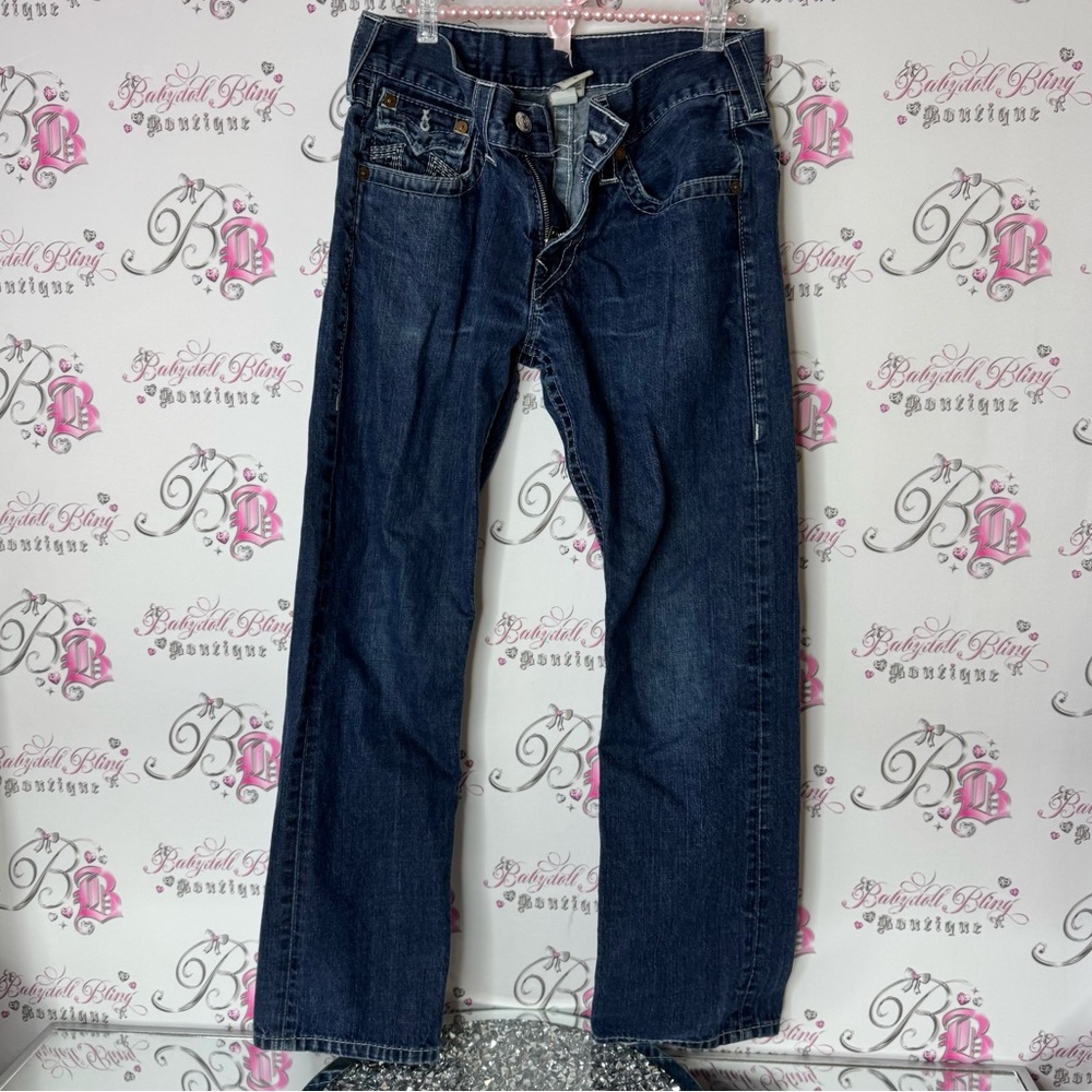 True Religion Blue Straight Jeans Classic Style pockets on back logo rare - Picture 2 of 6